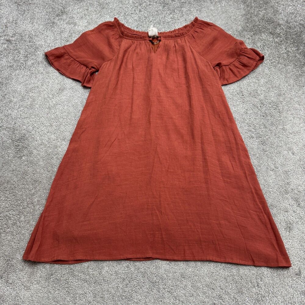 Main Strip Shift Dress Women MediumTerracotta Ruffle Sleeve Keyhole O-Ring Mini